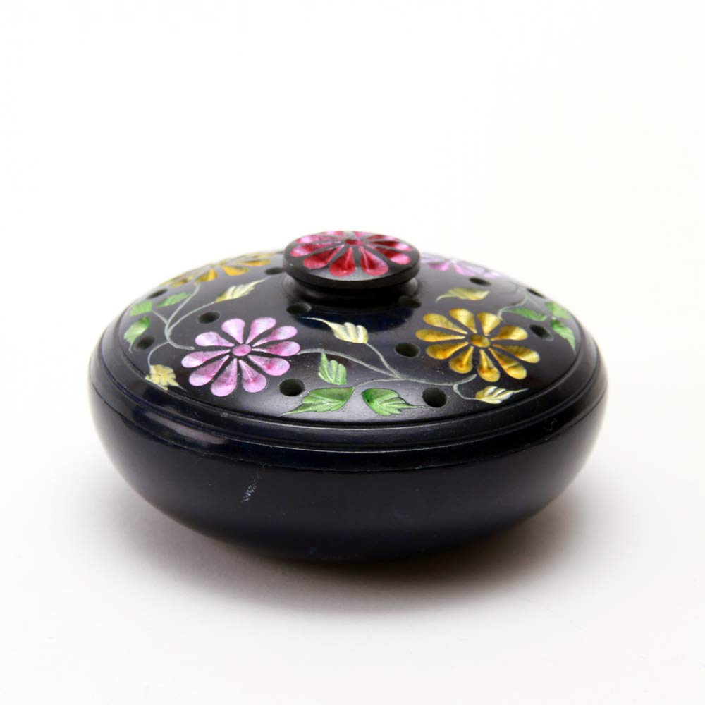 Bitto Padma Decorative Ash Catcher, Dish with Lid, Incense Stick Holder, Black Soapstone, Height 5 cm, Diam. 10 cm