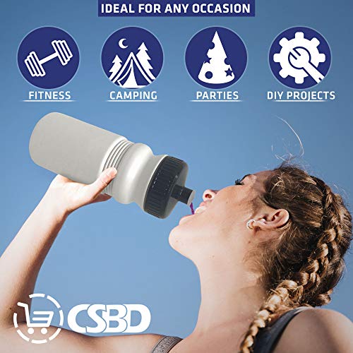 CSBD 20 oz Sports Water Bottles, 6 Pack, Reusable No BPA Plastic, Pull Top Leakproof Drink Spout, Blank DIY Customization for Business Branding, Fundraises, or Fitness White Bottle Black Lids