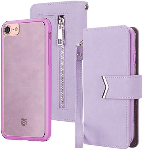 Majesticase iPhone 7 Wallet Case Premium Suede Leather Wristlet &amp; Detachable Removable Magnetic Hybrid Protective Shell Cover &amp; Back Zipper + Removable Strap - Lavender