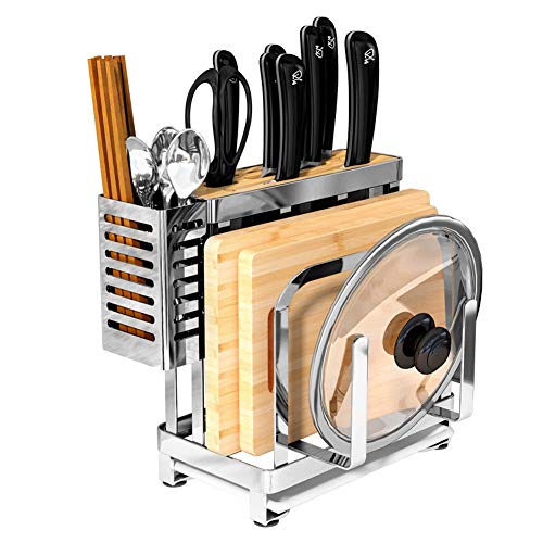 Multifunctional Cutting Board and knife Holder, Stainless Steel Organizer Anti Slippery Mat and Bottom Removable Water Tray,Kitchen Utensil Drying Drainer Rack, for Knives,Pot Cover,Forks,Spoons