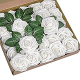 YSBER Roses Artificial Flowers - 25Pcs Big PE Foam Rose Artificial Flower Head for DIY Wedding Bouquets Centerpieces Bridal Shower Party Home Decorations (25 PCS, White)