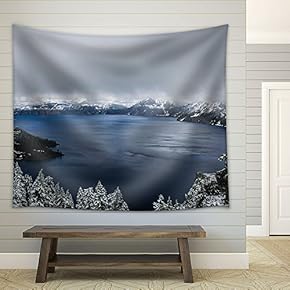 Winter Landscape with Panorama of Mountain and Lake in Cloudy Day - Fabric Wall Tapestry Home Decor - 51x60 inches