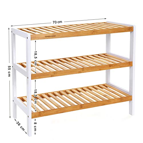 SONGMICS Bamboo Shoe Rack with 3-Level Bathroom Shelving Unit W x H x D: Shoe Cabinet for 12 Pairs 70 x 55 x 26 cm Shoe Rack
