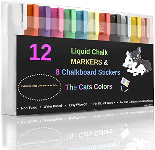 Non Toxic Chalk Marker Set -12 Reversible Markers - 8 FREE Chalkboard Labels - SAFE For Kids - ROSE GOLD INC - New Revoluntionary Cap - BULLET &amp; CHISEL FINE TIP -INC ROSE GOLD, SILVER &amp; GOLD