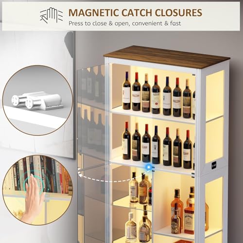 180cm Tall Display Cabinet with Glass Doors, Modern Curio Cabinet with 3 Color Lights, 7-Tiers Glass Display Cases for Collectibles, Tall Lego Storage Cabinet with Human Body Sensor (White)