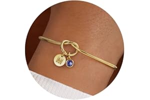Turandoss Christmas Gifts for Grandkids, Dainty 14K Gold Plated 12 Months Disc Initial Birthstone Heart Knot Bangle Bracelet Birthday Bridesmaid Bracelet Jewelry for Women Girls
