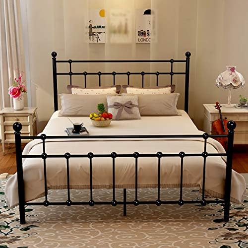 Metal Queen Bed Frame Platform with Steel Headboard and Footboard Black Iron Round Slat Mattress Foundation Modern Style No Box Spring (Queen, Black)