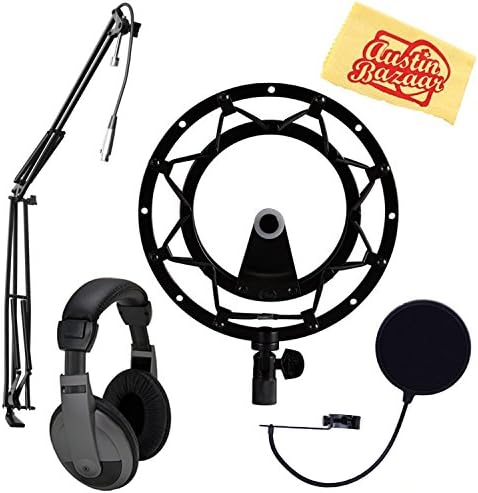Blue Radius II Shock Mount for Yeti and Yeti Pro Microphones - Blackout Bundle with Pop Filter, Boom Arm, Headphones, and Austin Bazaar Polishing Cloth