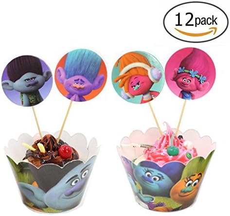 Trolls Cupcake Toppers and Wrappers Kids Birthday Party Cake Decorations, Set of 12