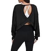 denking Women Long Sleeve Open Back Workout Top, 100% Cotton(White L)