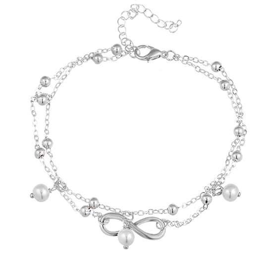 Elegante Fußkettchen Infinity mit Perlen weiß Fußkette Silber Damen Anhänger Glitzer Fusskettchen und silber Knöchelkette Dam
