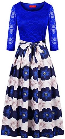 Women's Vintage 1950s 3/4 Sleeve Lace Floral Printed Cocktail Evening Dress (XXL, Blue-2)