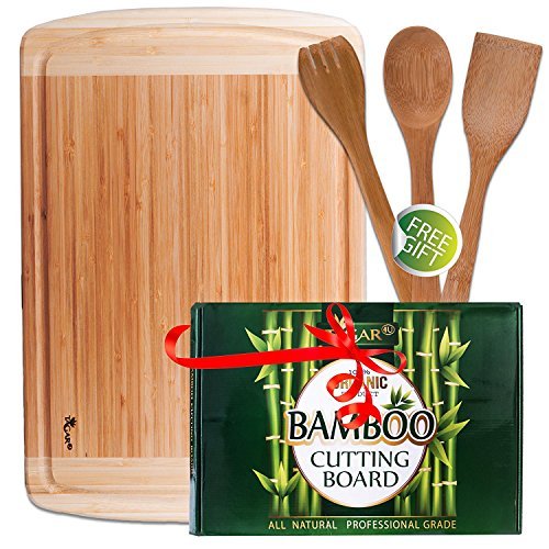 Click Here to See More Images Large Bamboo Cutting Board for kitchen / BBQ + 3-Piece Cooking Utensils Set – Includes: Wooden Spoon, Salad Tongs & Spatula.