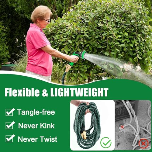 Expandable Garden Hose 100FT-Expanding Water Hose with Thumb-Controlled 10 Spray Nozzles&3750D Outer Fabric, Durable Collapsible Latex Core, Ultra Lightweight & Flexible