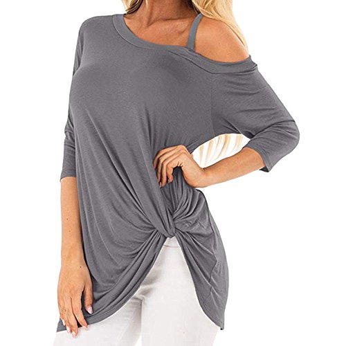 Click Here to See More Images HHei_K Womens Sexy One Shoulder Cold Shoulder 3/4 Cropped Sleeve Twist Knot Front Loose Plain Tunic Tops Shirt