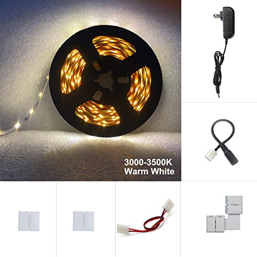16.4ft(5m) Warm White Flexible LED Strip Rope Lights With 12V DC Power Adapter 300 Units SMD2835 LEDs, 72lm/ft Indoor led rope light string Non-Waterproof