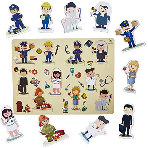 Gleeporte Wooden Chunky Puzzle Profession People Pieces - Learning Educational Puzzle Board with Free Standing Pieces for Toddlers & Kids (10 pcs)