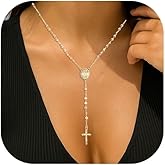 J&H DiaJuvelo Rosary Necklace for Women 14K Gold Plated Rosemary Y Chain Layered Dainty Cross Long Virgin Mary Pendant Beads Catholic en route Jewelry rosarios catolicos para mujer