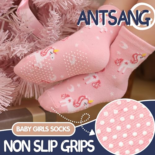 ANTSANG Baby Girls Toddlers Grips Socks Kids Non Slip/Anti Skid Unicorn Striped Crew Cotton Gift Socks