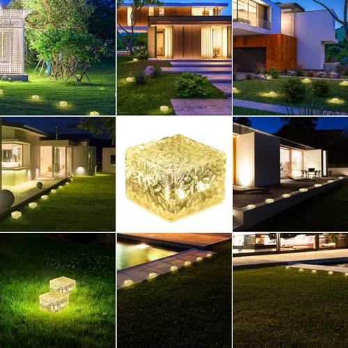 Solar Brick Lights - 6 PCS LED Warm White Outdoor Waterproof Solar Landscape Path Lights, 600mAh, Ice Cube Style for Garden, Patio, Lawn, Yard, Walkway Decor