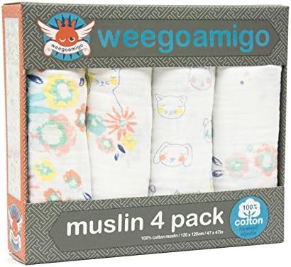 Weegoamigo Baby Muslin Swaddle Blanket 4 Pack - Bunny Floral, Multi