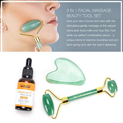NEUTRIHERBS Jade Roller and Gua Sha Set for Face with Vitamin C Serum (3 in 1 Kit) Facial Massage Skin Care for Eye… - Image 4