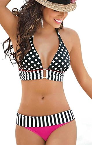 fairy maker swimsuits Polka Dots Striped Halterneck Swimwear sexy bikinis two piece swimwear,Onecolor,Large