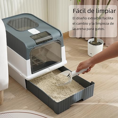 RJIHOEN Caja de Arena para Gatos Plegable,14 * 19 * 14 in Grande Cerrado Plástico Orinal para Gato,Equipada con luz Ultravioleta y Pala para Arena, fácil de Limpiar, a Prueba de olores y Salpicaduras