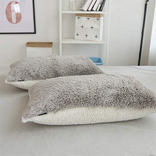 MooWoo 2pc Faux Fur Pillowcases,Sherpa Plush Fluffy, Solid Color, No Inside Filler, Zipper Close Decorative Throw Cover for Couch Sofa (Gray, 2 Pillow Cases 20"x30")