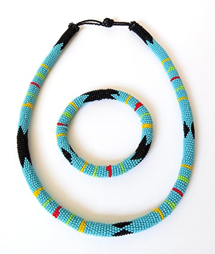 African Zulu beaded necklace and round bracelet set - Light Blue