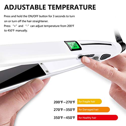 Flat Iron for Hair, HOCOSY Hair Straightener and Curler 2 in 1 with Digital LCD Display, Adjustable Temperature & Rapid Heating, Dual Voltage, Auto Shut Down, 1 Inch, White