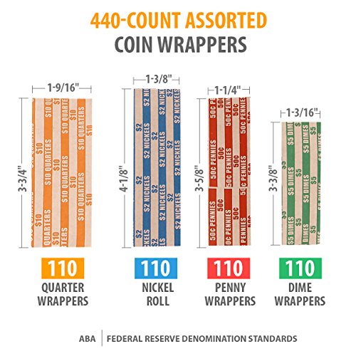 Premium Coin Roll Wrappers (440 Pack) Assorted Flat Coin Papers Bundle of Quarters Nickels