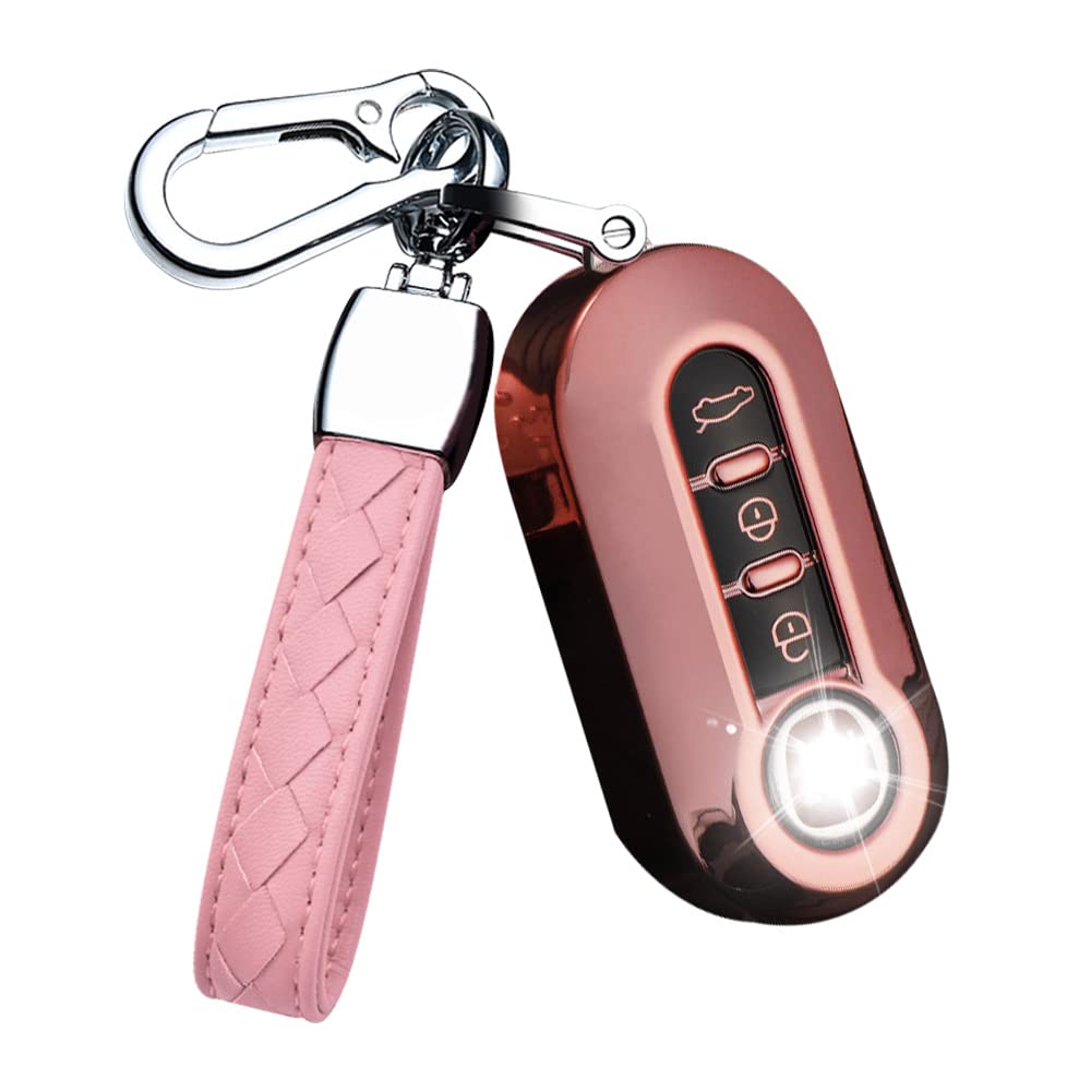 HIBEYO Flip Car Key Case Fits Fiat, TPU Silicone Key Protector, 3 Buttons, Pink