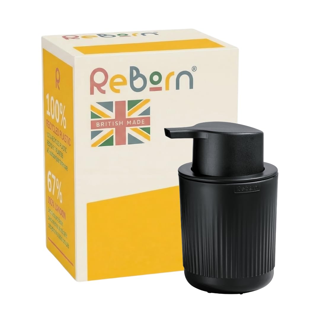ReBorn Recycled Soap Dispenser - Bathroom Soap Pump - Easy to use One-handed Push Pump - Wide Base - Refillable with 250ml Capacity - Made in Britain from Recycled Materials (Graphite Black)