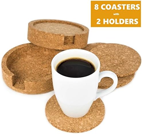Coasterland Cork Coasters For Drinks With Holders, 2 SETS, Pack of 8 and 2 Holders, Save Your Furniture, Durable, Natural, Classic, Lovely, Perfect Gift, Round, 3.9" Diameter