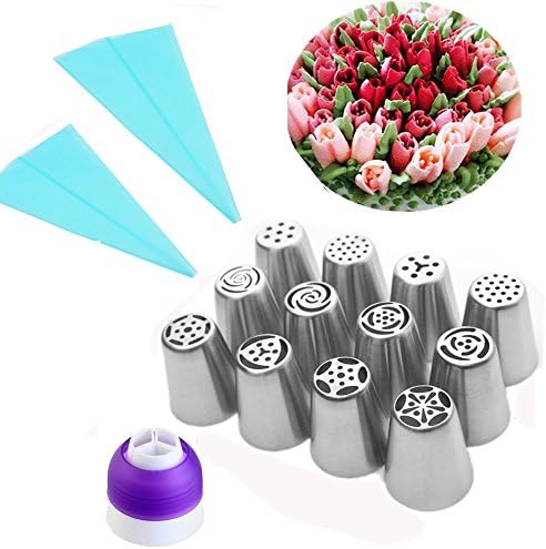 Russian Piping Tips, Bestdotek12pcs Stainless Steel Russian Piping Nozzles Set with One Coupler and Two Pastry Cream Piping Bag Icing Bag
