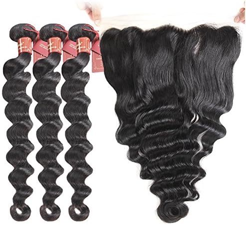 Brazilian Loose Wave 3 Bundles with 13 X 4 Free Part Lace Frontal Closure, Unprocessed Human Hair Extensions Brazilian Virgin Hair Weave Natural Black Color(16 18 20+14inch closure)