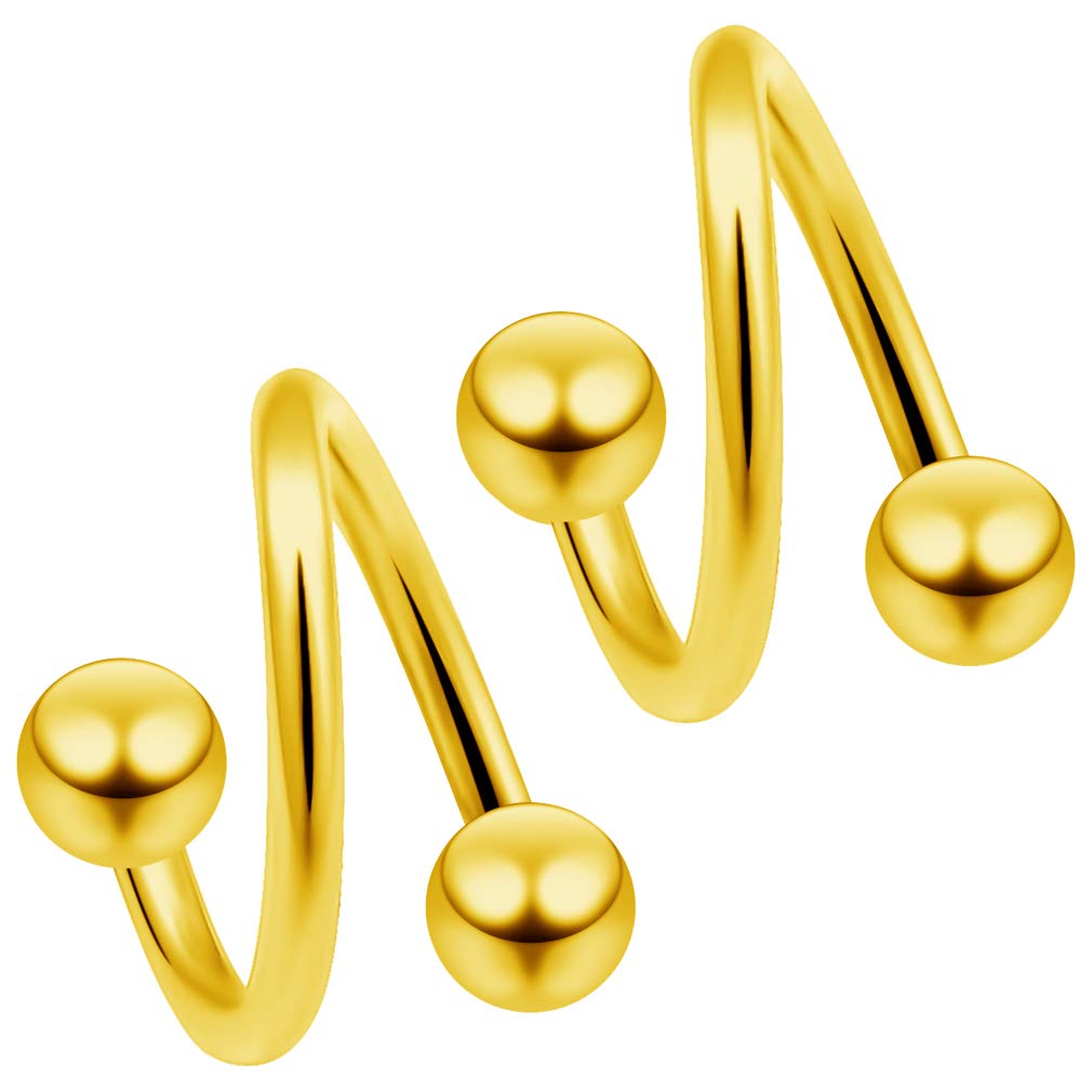 Bling Piercing 2pc Gold 1.2mm 16g Surgical Steel Twisted Barbell 4mm Ball Spiral Cartilage Earrings Lip Tragus Eyebrow Hoop Helix - 8mm