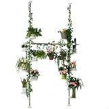 Baoyouni Indoor Plant Stands Spring Double Tension Pole Metal Flower Display Rack Space Saver Corner Floral Pot Storage Shelf with 12 Trays, 2 Hooks & 1 Telescopic Rod for Clothes Drying Hanger, Ivory
