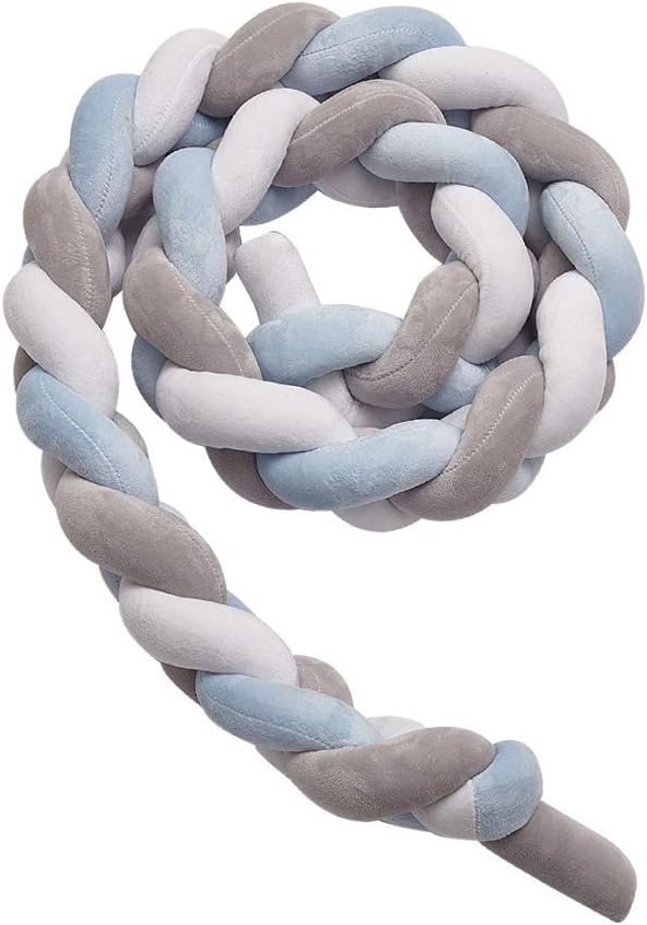 Wonder Space Baby Crib Bumper - Handmade Knotted Braided Plush with Premium Soft Pure Cotton Materials - Ideals for Nursery Beddings Newborn Gift & Cradle Cushion Decor, 13.1 Feet (Blue/Grey/White)