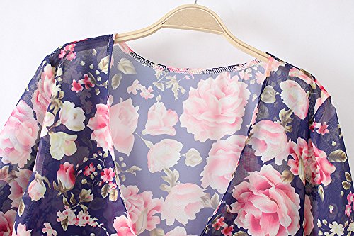 HTDBKDBK Women Causal Floral Print Short Sleeve Short Kimono Loose Cardigan Chiffon Top Blouse Shawl Cover Up Blue - Thumbnail 5