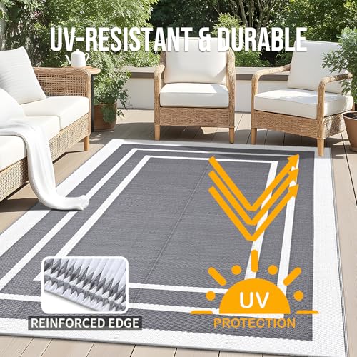 Homaxy Waterproof Outdoor Rug, Anti-slip Reversible UV Resistant Garden Rugs, Easy Cleaning Carpet for Camping, Patio, Beach, Picnic, Backyard - 120 x 180 cm, Grey & White