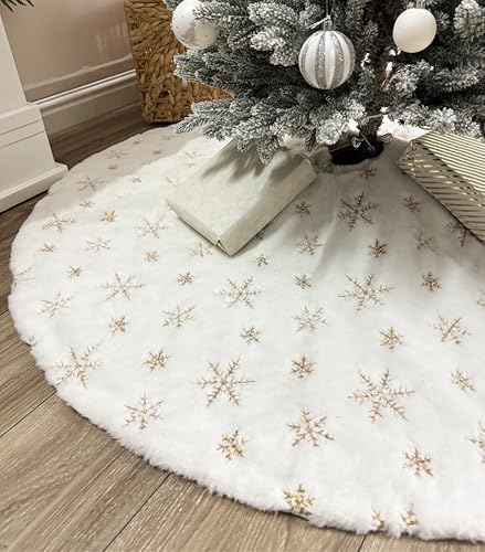 AOGU 48 Inch Sequin Faux Fur Christmas Tree Skirt Decoration for Merry Christmas Party White Plush Gold Sequin Snowflake Xmas Christmas Tree Skirt Decorations