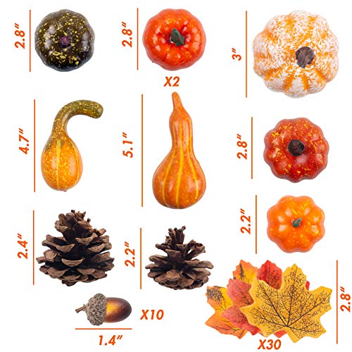 FUTUREPLUSX Mini Artificial Pumpkins Set, 50PCS Fake Pumpkins Artificial Vegetables Gourds Maple Leaves Pine Cones Acorns for Fall Garland Halloween Thanksgiving Decorations