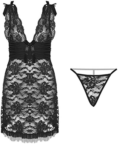 Deloito Womens Lingerie, Women Sexy Deep V-Neck Lace Mesh See-Through Splice Dress Nightwear Babydoll Underwear