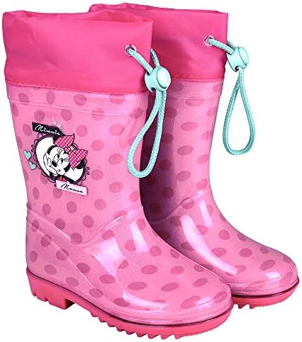 PERLETTI Disney Minnie Rain Boots Kids - Girls Waterproof Wellies Shoes with Anti Slip Outsole - Pink with Fuchsia Details and Polka Dots - Minnie Mouse Print