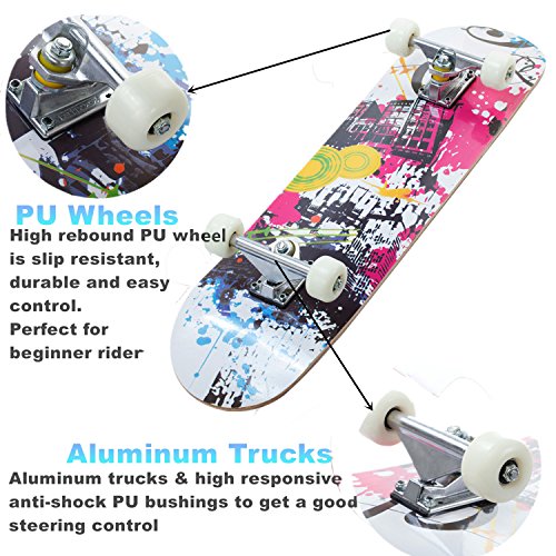 Karriw Skateboard 31 Inch Complete Standard Skateboard 8 Layer Maple Skateboard Deck with Sports Outdoors Durable Skate Board for Kids Beginners (City F)