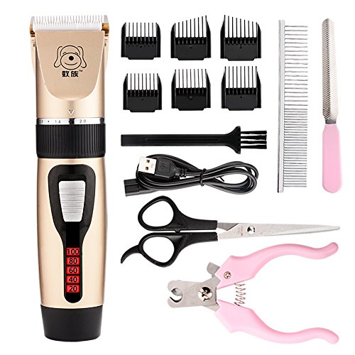 Wanfei Dog Grooming Clippers, Low Noise USB Rechargeable Cordless Electric Pet Hair Clippers Trimmer With LED Screen Indication Power and 6 Comb Guides for Dogs Cats