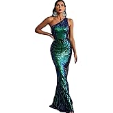 Giffniseti Women's One Shoulder Holographic Sequin Dresses Evening Gown Formal Prom Maxi Dress