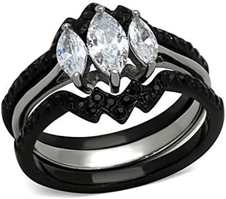 Jewelryfinds Marquise Cz Black Stainless Steel 3 Pc Wedding Engagement Ring Band Set